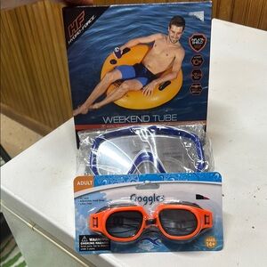 Vibrant Orange and Blue Outdoor pool float and 2 pair of googles